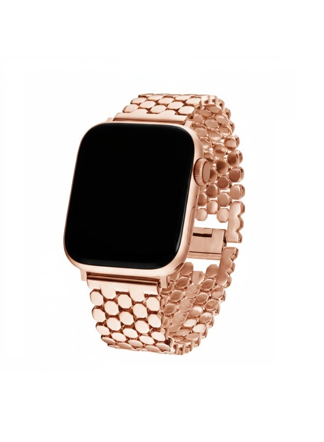 Rose Gold Stainless Steel Apple Watch Band 42mm/44mm/45mm – Polished Hexagonal Link Strap, Elegant Adjustable Metal Band - Image 1